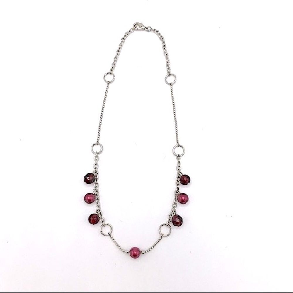 Garnet Colored Faux Pearl Beaded Silver Tone Necklace